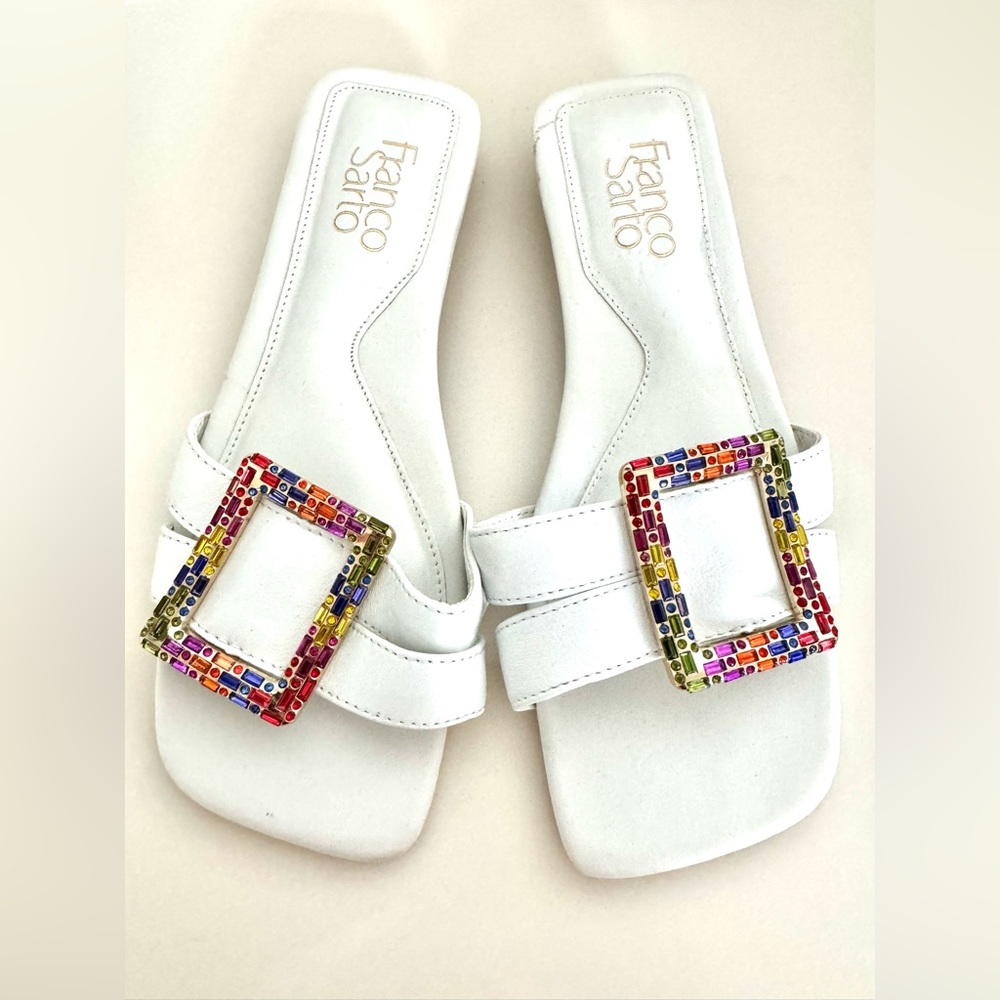 Franco Sarto Capri White Slide Sandals 6.5 Rainbow Crystal Buckle Designer Flats